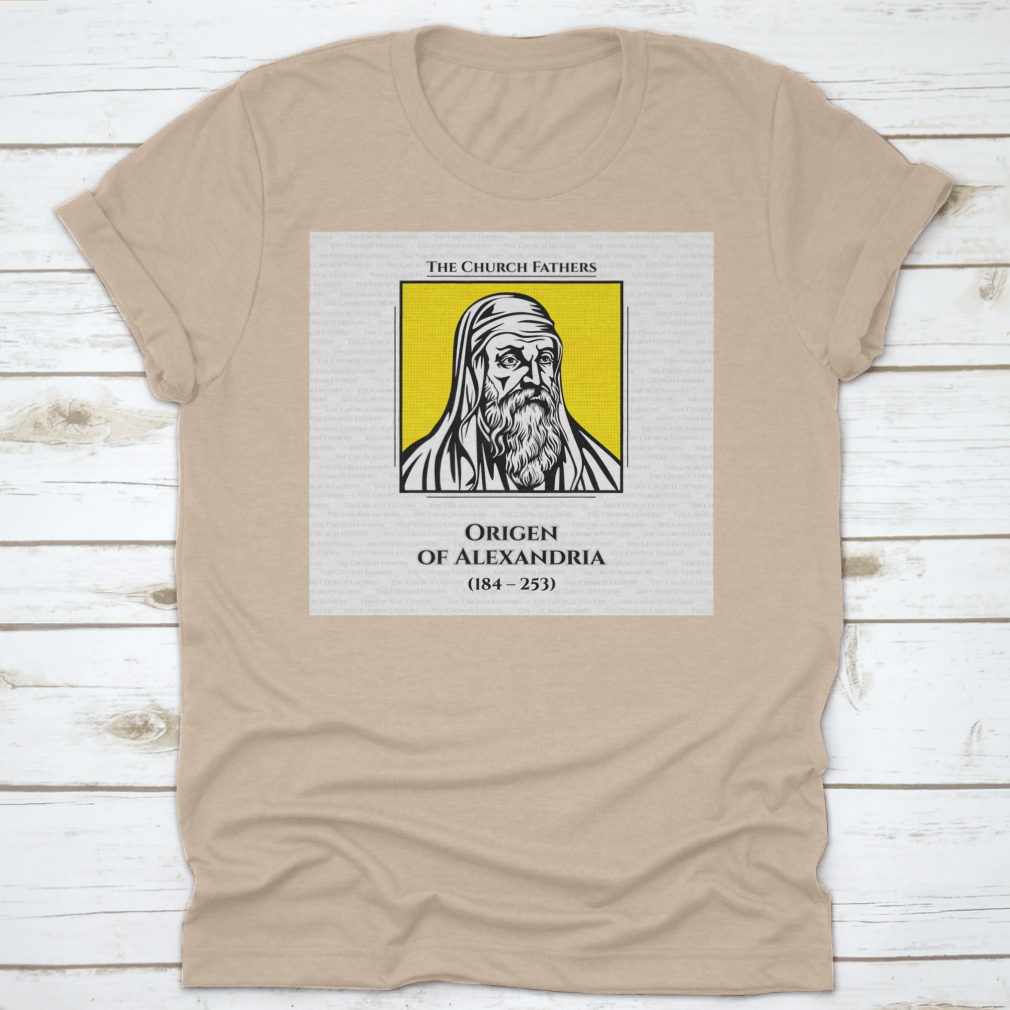 A comfortable cotton t-shirt featuring the Early Christian Scholar Origen, showcasing a classic fit and durable design.